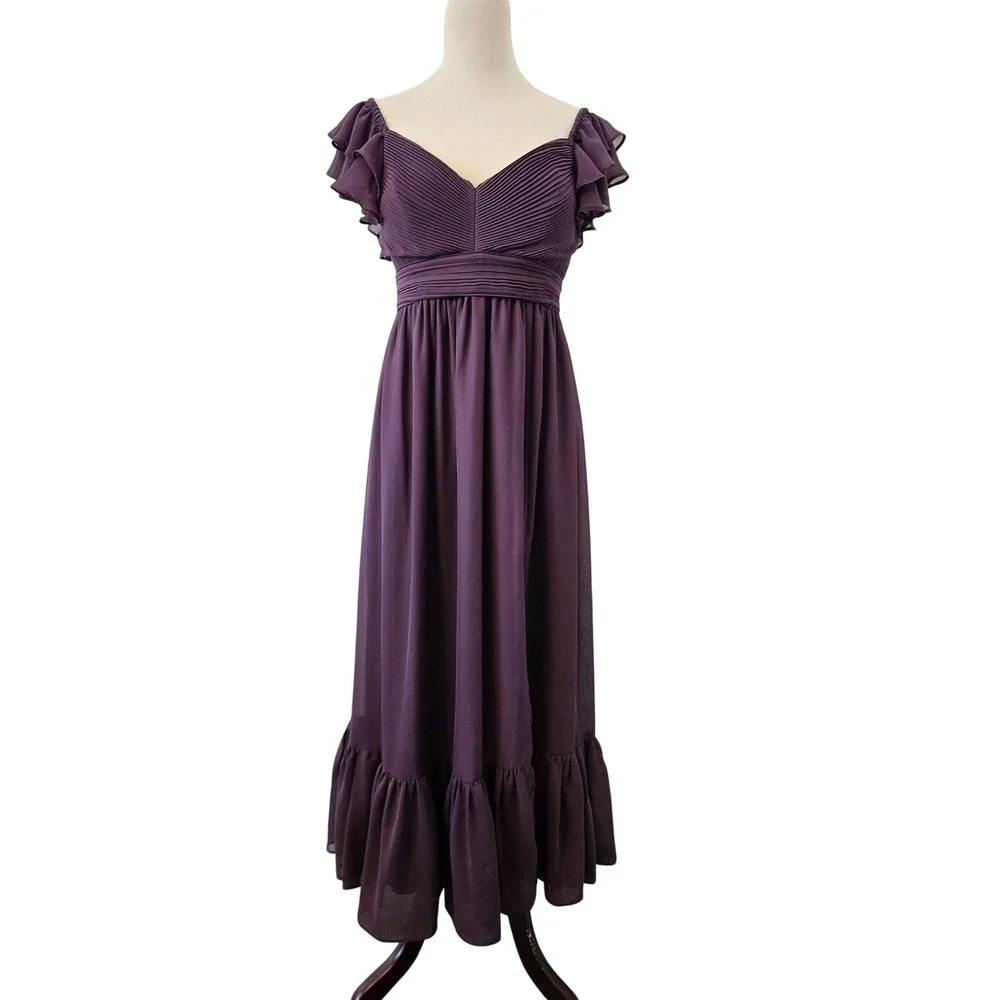 Birdy Grey Plum Purple Michelle Chiffon Ruffle Flutter Maxi Bridesmaid Dress M - Picture 2 of 13